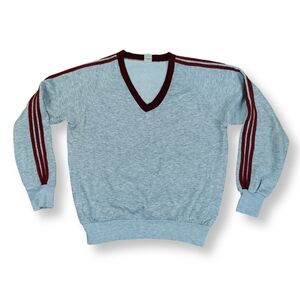 80s Vintage Gray & Maroon Striped V-neck Sweatshirt Medium Mens Unisex Athletic